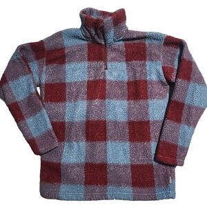 Eddie Bauer Fleece Plaid 1/4 zip Women's Small Sherpa Pullover Red Blue Cozy